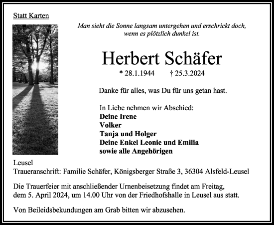 Traueranzeige von Herbert Schäfer von Oberhessische Zeitung
