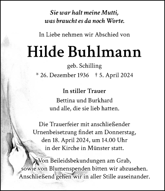 Traueranzeige von Hilde Buhlmann von Butzbacher Zeitung