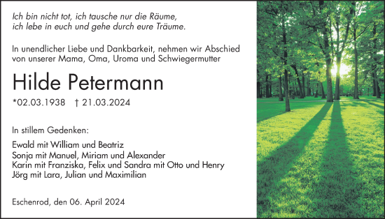 Traueranzeige von Hilde Petermann von Kreis-Anzeiger