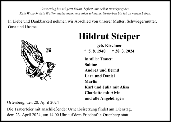 Traueranzeige von Hildrut Steiper von Kreis-Anzeiger