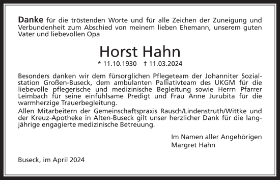 Traueranzeige von Horst Hahn von Giessener Allgemeine, Alsfelder Allgemeine, Giessener Anzeiger