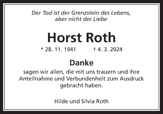 Traueranzeige von Horst Roth von Laubacher Anzeiger