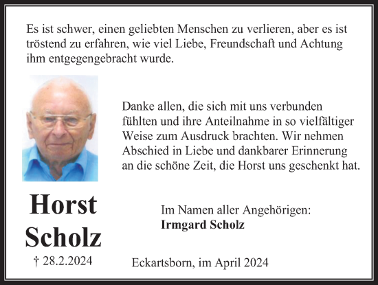 Traueranzeige von Horst Scholz von Kreis-Anzeiger