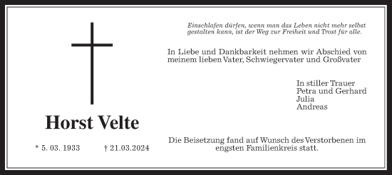 Traueranzeige von Horst Velte von Wetterauer Zeitung