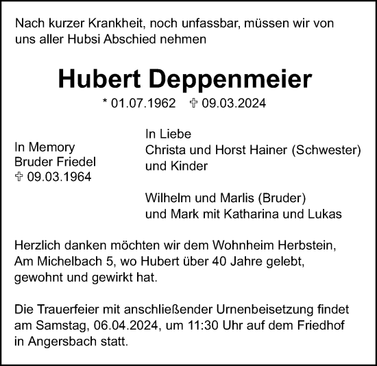 Traueranzeige von Hubert Deppenmeier von Lauterbacher Anzeiger