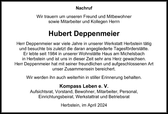 Traueranzeige von Hubert Deppenmeier von Lauterbacher Anzeiger