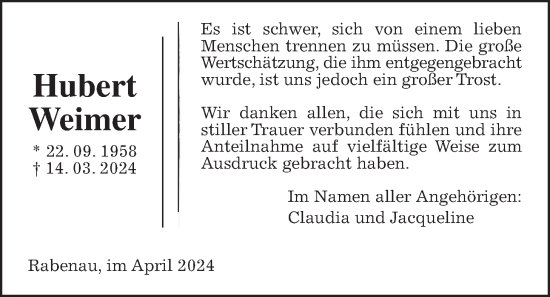 Traueranzeige von Hubert Weimer von Giessener Allgemeine, Alsfelder Allgemeine