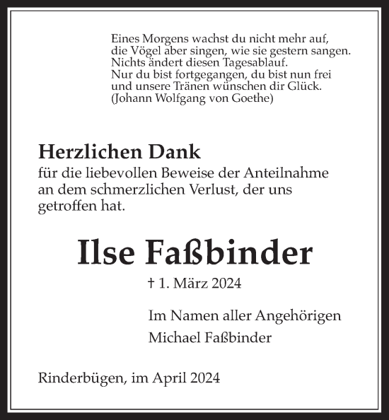 Traueranzeige von Ilse Faßbinder von Kreis-Anzeiger