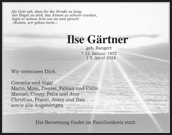 Traueranzeige von Ilse Gärtner von Usinger Anzeigenblatt