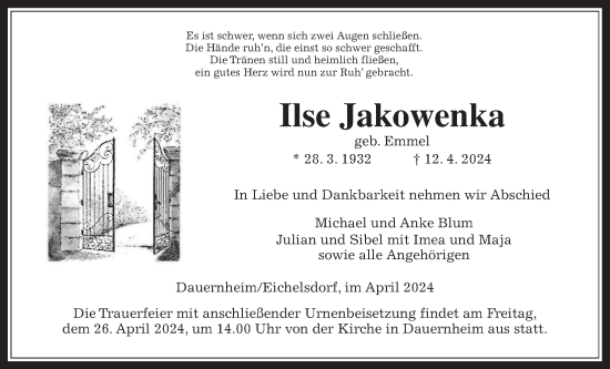Traueranzeige von Ilse Jakowenka von Kreis-Anzeiger
