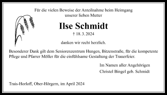 Traueranzeige von Ilse Schmidt von Licher Wochenblatt