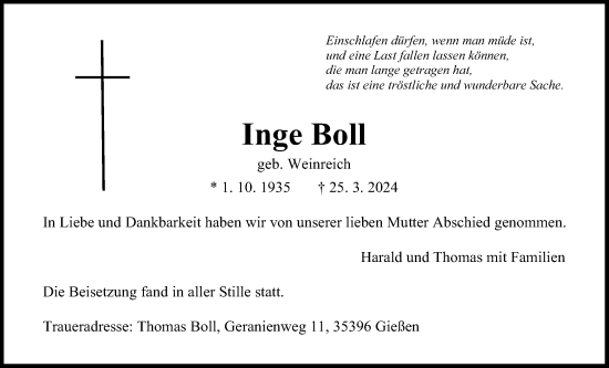 Traueranzeige von Inge Boll von Giessener Anzeiger, Giessener Allgemeine, Alsfelder Allgemeine