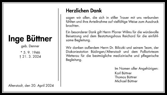 Traueranzeige von Inge Büttner von Kreis-Anzeiger