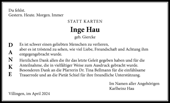 Traueranzeige von Inge Hau von Licher Wochenblatt