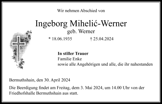 Traueranzeige von Ingeborg Mihelic-Werner von Lauterbacher Anzeiger