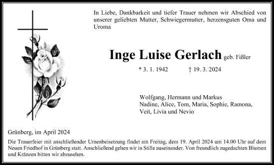 Traueranzeige von Inge Luise Gerlach von Giessener Allgemeine, Alsfelder Allgemeine