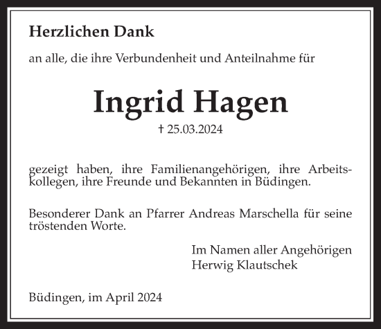 Traueranzeige von Ingrid Hagen von Kreis-Anzeiger