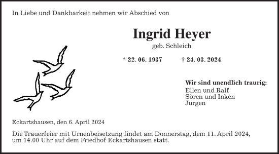 Traueranzeige von Ingrid Heyer von Kreis-Anzeiger