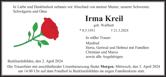 Traueranzeige von Irma Kreil von Giessener Allgemeine, Alsfelder Allgemeine