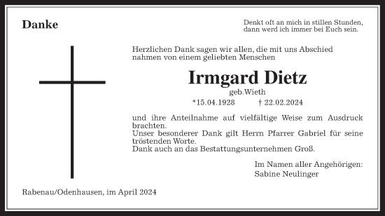 Traueranzeige von Irmgard Dietz von Giessener Allgemeine, Alsfelder Allgemeine, Wetterauer Zeitung