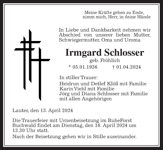 Traueranzeige von Irmgard Schlosser von Giessener Allgemeine, Alsfelder Allgemeine