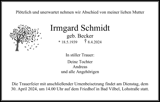 Traueranzeige von Irmgard Schmidt von Bad Vilbel/Karben