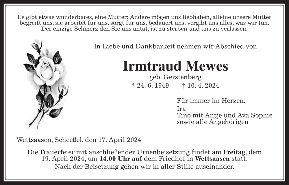  Traueranzeige für Irmtraud Mewes vom 17.04.2024 aus Giessener Allgemeine, Alsfelder Allgemeine, Giessener Allgemeine, Alsfelder Allgemeine