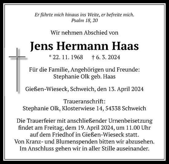 Traueranzeige von Jens Hermann Haas von Giessener Anzeiger, Giessener Allgemeine, Alsfelder Allgemeine