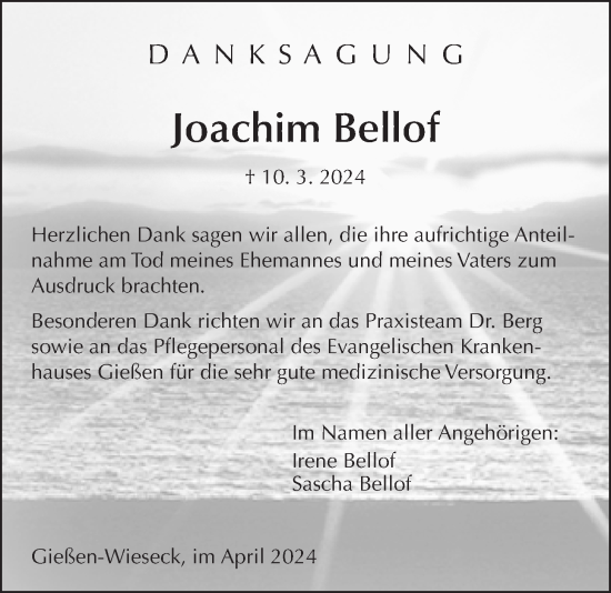 Traueranzeige von Joachim Bellof von Giessener Allgemeine, Alsfelder Allgemeine, Giessener Anzeiger