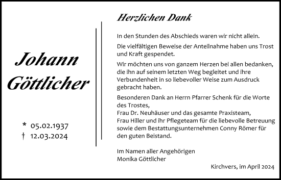 Traueranzeige von Johann Göttlicher von Giessener Allgemeine, Alsfelder Allgemeine, Giessener Anzeiger