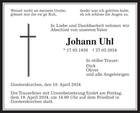 Traueranzeige von Johann Uhl von Laubacher Anzeiger