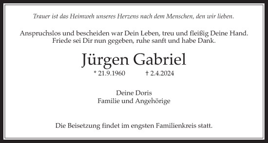 Traueranzeige von Jürgen Gabriel von Wetterauer Zeitung