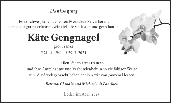 Traueranzeige von Käte Gengnagel von Giessener Allgemeine, Alsfelder Allgemeine, Giessener Anzeiger