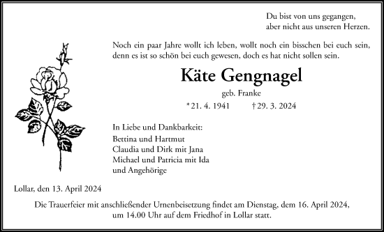 Traueranzeige von Käte Gengnagel von Giessener Anzeiger, Giessener Allgemeine, Alsfelder Allgemeine
