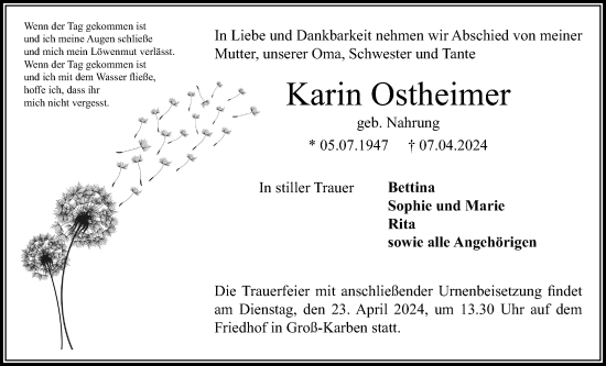 Traueranzeige von Karin Ostheimer von Bad Vilbel/Karben