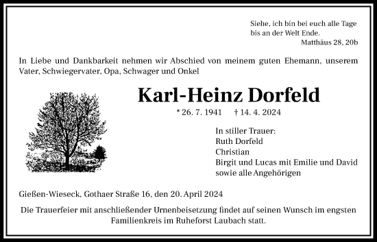 Traueranzeige von Karl-Heinz Dorfeld von Giessener Anzeiger
