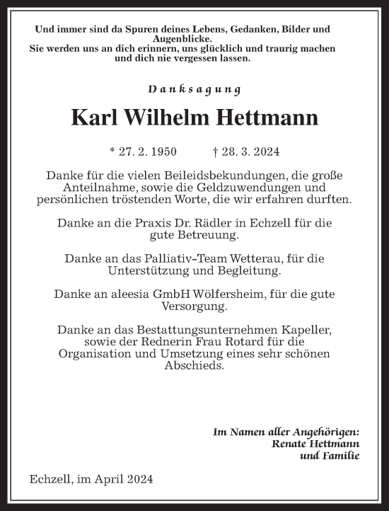 Traueranzeige von Karl Wilhelm Hettmann von Wetterauer Zeitung