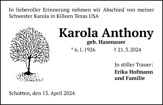 Traueranzeige von Karola Anthony von Kreis-Anzeiger