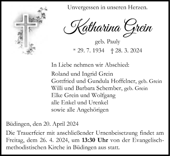 Traueranzeige von Katharina Grein von Kreis-Anzeiger