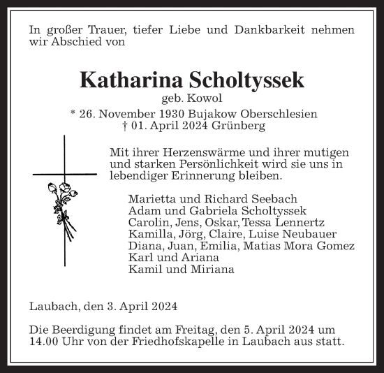 Traueranzeige von Katharina Scholtyssek von Giessener Allgemeine, Alsfelder Allgemeine