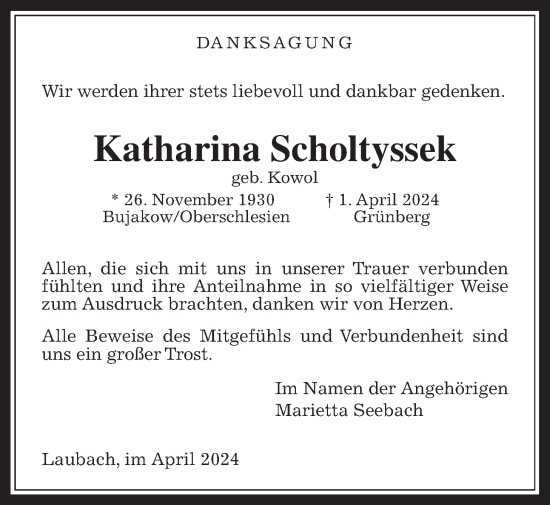 Traueranzeige von Katharina Scholtyssek von Laubacher Anzeiger, Laubacher Anzeiger