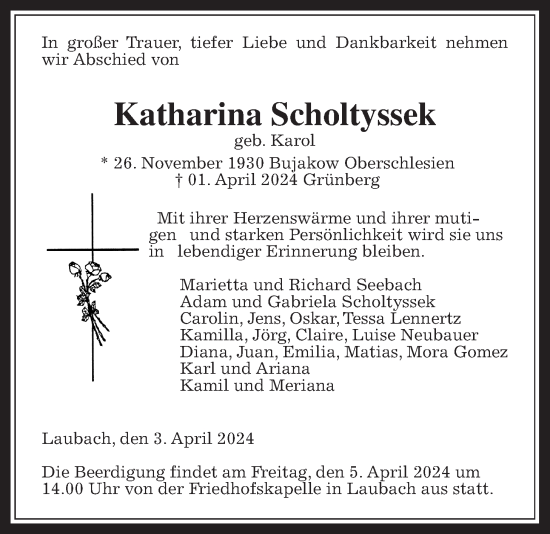 Traueranzeige von Katharina Scholtyssek von Giessener Allgemeine, Alsfelder Allgemeine