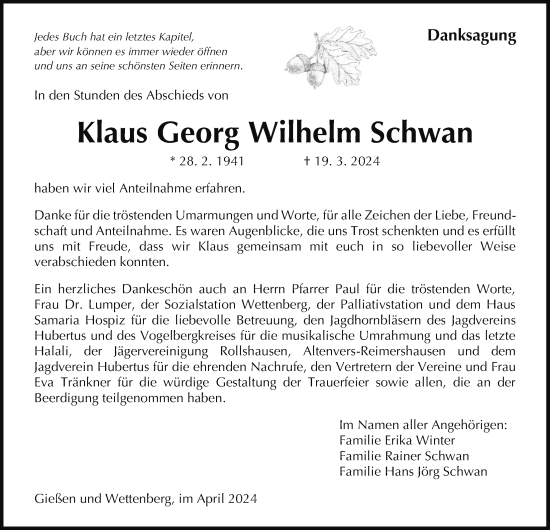 Traueranzeige von Klaus Georg Wilhelm Schwan von Giessener Allgemeine, Alsfelder Allgemeine, Giessener Anzeiger