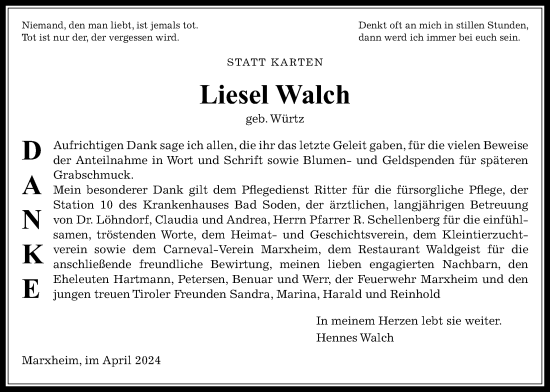 Traueranzeige von Liesel Walch 