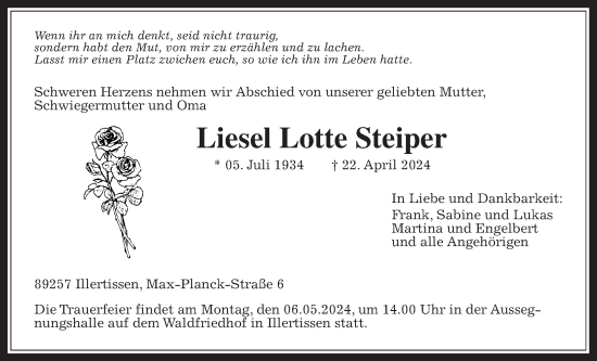Traueranzeige von Liesel Lotte Steiper von Kreis-Anzeiger