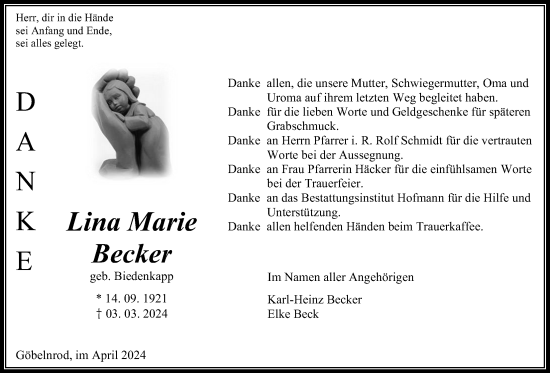 Traueranzeige von Lina Marie Becker von Giessener Allgemeine, Alsfelder Allgemeine