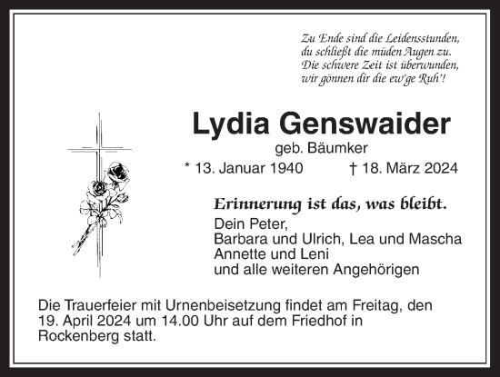 Traueranzeige von Lydia Genswaider von Butzbacher Zeitung