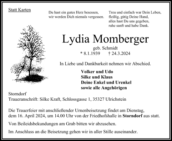Traueranzeige von Lydia Momberger von Oberhessische Zeitung