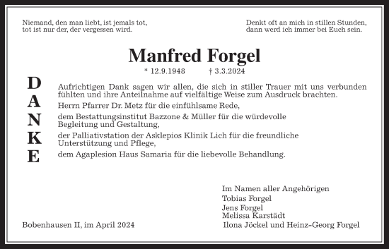 Traueranzeige von Manfred Forgel von Giessener Allgemeine, Alsfelder Allgemeine