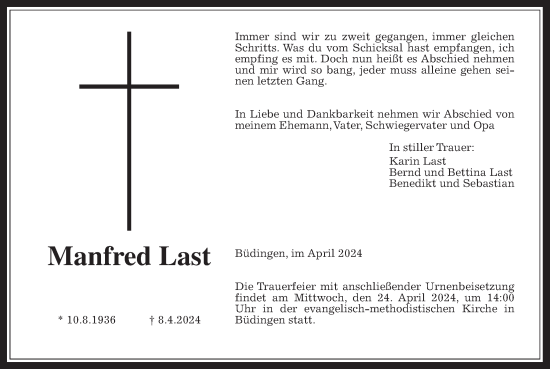 Traueranzeige von Manfred Last von Kreis-Anzeiger